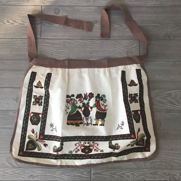 VINTAGE Made in Romania Cotton and Linen Hand Printed Apron in Cream and Brown - Picture 7 of 7